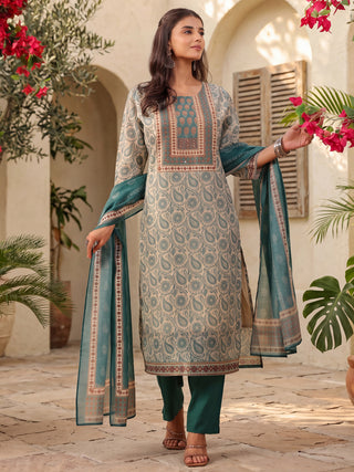 Cream Floral Print 3-Piece Kurta Set