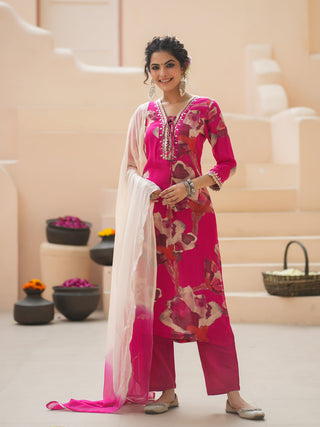 Floral Printed Cotton Silk Mirror Work Kurta With Trousers & Dupatta