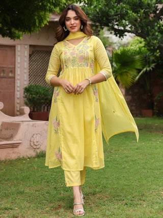 Yellow Floral Embroidered 3-Piece Anarkali Kurta Set