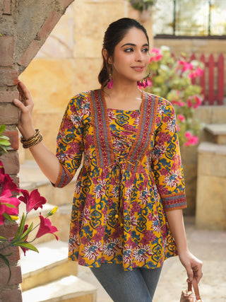 Women Mustard Floral Printed Pure Cotton Empire Tops