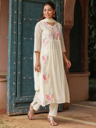 White Floral Embroidered 3-Piece Anarkali Kurta Set