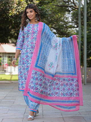 Women Blue Floral Printed Straight Kurta With Afghani Salwar and Printed Dupatta