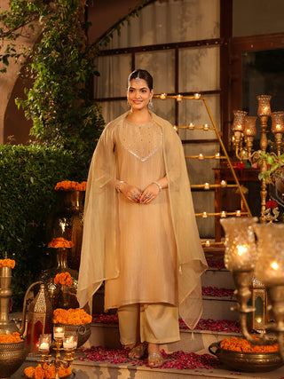 Beige Golden Sequin Tissue A-Line Kurta Set with Pocket