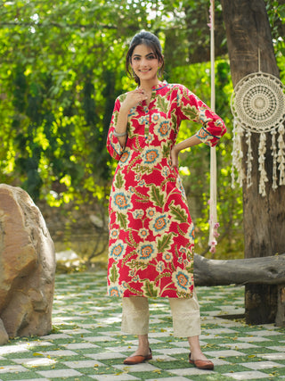 Women Red Floral Printed Pure Cotton Straight Kurtas