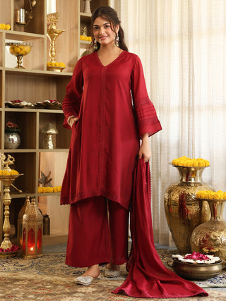 Maroon Lace Chanderi A-Line Kurta Set with Pocket