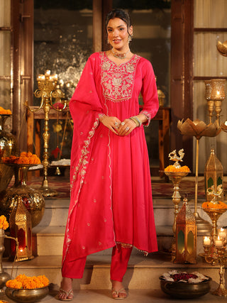 Pink Embroidered Anarkali Kurta Set with Pocket