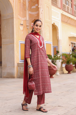 Women Ethnic Motifs Printed Regular Pure Cotton Kurta with Trousers & With Dupatta