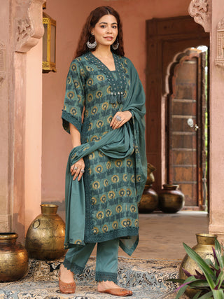 Teal Floral Print 3-Piece Straight Kurta Set