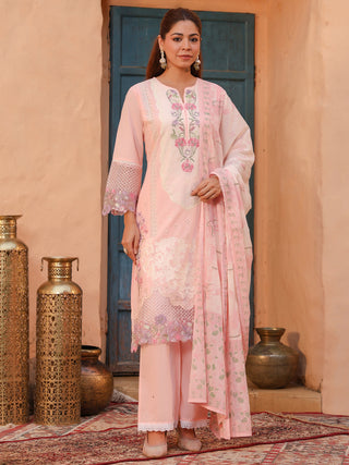 Pink Floral Embroidered 3-Piece Straight Kurta Set