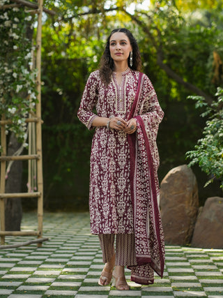 Women Maroon Ikat Printed Pure Cotton Straight Kurta With Printed Trouser And Printed Dupatta