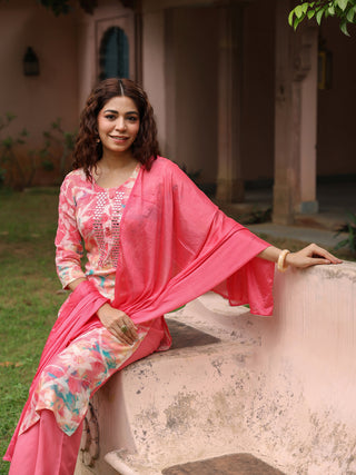 Pink Floral Embroidered 3-Piece Straight Kurta Set