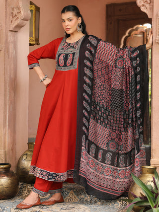 Red Printed 3-Piece Anarkali Kurta Set