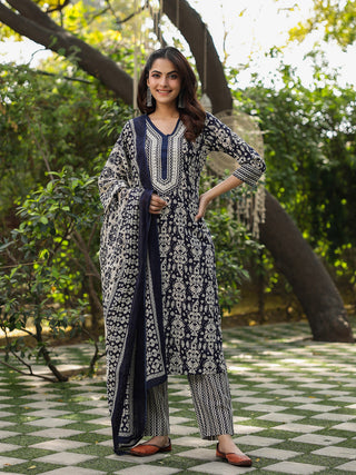 Women Navy Blue Ikat Printed Pure Cotton Straight Kurta With Printed Trouser And Printed Dupatta