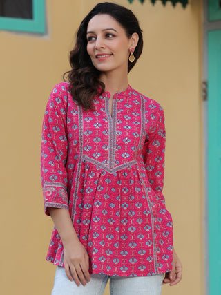 Women Fuchisia Ethnic Motifs Printed Pure Cotton A-line Kurti