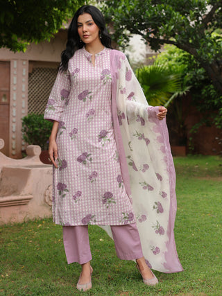 Purple Floral Print 3-Piece Straight Kurta Set