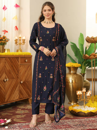 Blue Embroidered Poly Silk Straight Kurta Set