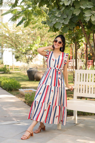Beige Striped Fit & Flare Dress