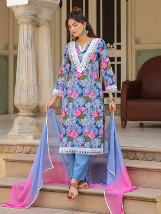 Blue Floral Print Lace 3-Piece Kurta Set