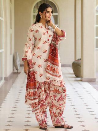Off White Ethnic Motif Print Lace 3-Piece A-Line Kurta Set