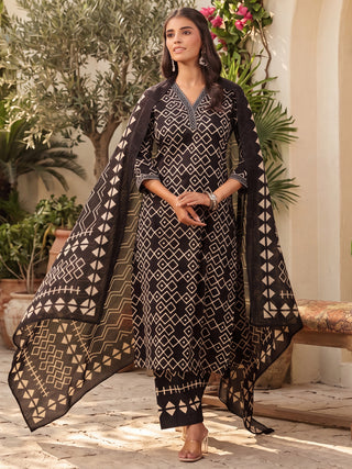 Black Geometric Print Embroidered 3-Piece Straight Kurta Set