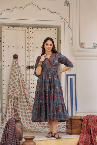 Printed V-Neck Fit and Flare Ethnic Dresses