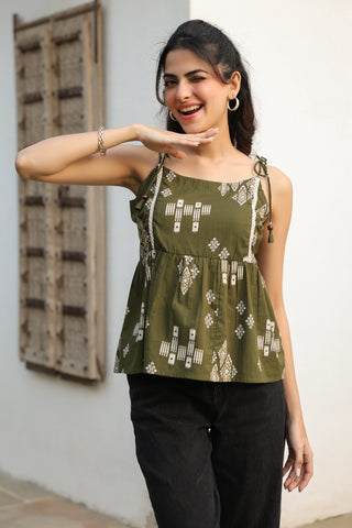 Green Abstract Print Fit & Flare Top