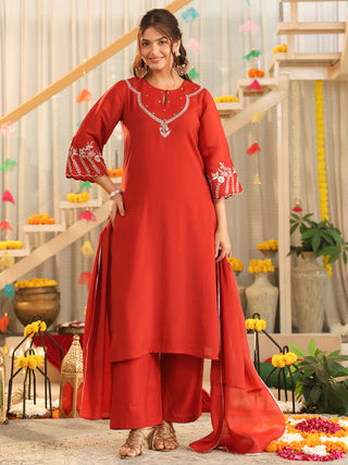 Rust Embroidered Mul Chanderi Straight Kurta Set with Dupatta