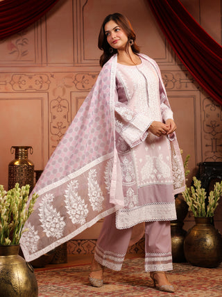 Women Embroidered Pure Cotton Kurta with Trousers & Dupatta Set