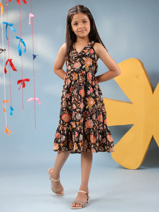 Girls Floral Printed Pure Cotton V-Neck Fit & Flared Ethnic Dresses