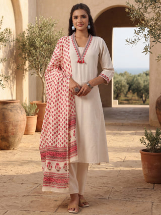 Off-White Cotton Straight Kurta Set with Red Embroidery