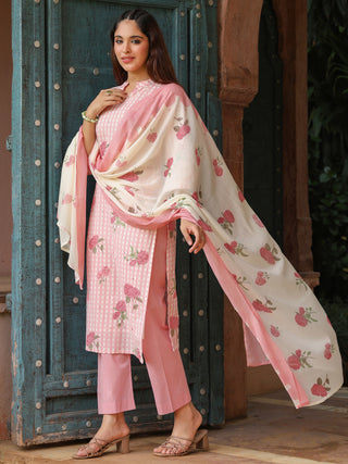 Pink Floral Print 3-Piece Straight Kurta Set