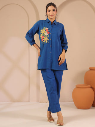 Blue cotton solid shirt style tunic cord set with matching tousers