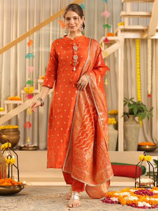 Orange Ethnic Motif Print Rayon Straight Kurta Set With Pant Pocket