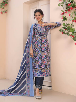 Women Blue Floral Printed Pure Cotton Straight Kurta With Trouser And Dupatta