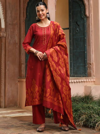 Maroon Jacquard Print 3-Piece Straight Kurta Set