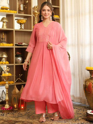 Light Pink Flared A Line Kurta Set with Pocket