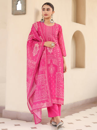 Pink Ethnic Motif Print 3-Piece Straight Kurta Set