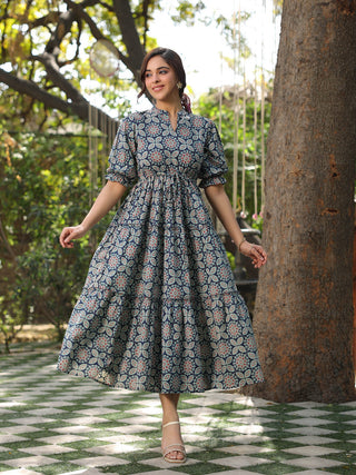 Women Rust And Blue Floral Ethnic A-line Pure Cotton Midi Ethnic Dress