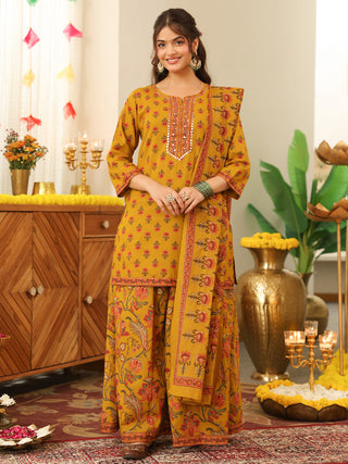 Mustard Yellow Floral Print Cotton Straight Kurta Set