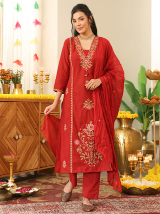 Deep Red Floral Embroidered Cotton Straight Kurta Set