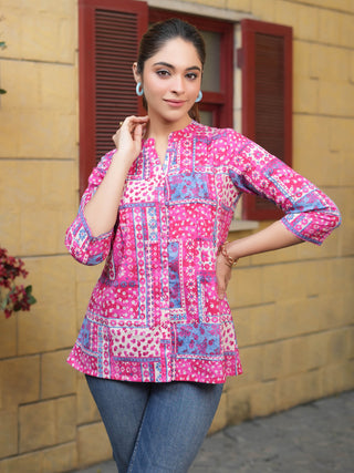 Women Pink Abstract Print A-Line Pure Cotton Kurti