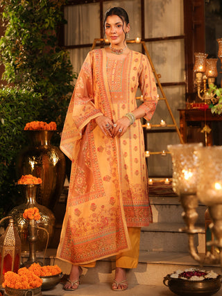 Yellow Panel Print Chanderi Straight Kurta Set With Pant Pocket