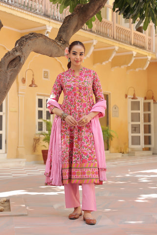 Women Floral Printed Regular Pure Cotton Kurta with Trousers & With Dupatta
