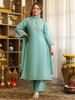 Light Blue Embroidered Chanderi Straight Kurta Set with Dupatta