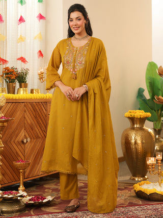 Green Embroidered Cotton A-Line Kurta Set