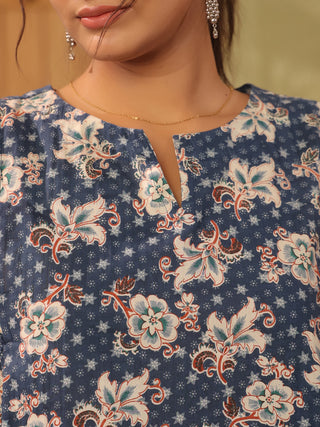 Blue Floral Print Cotton Sleeveless A-Line Top
