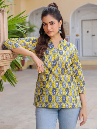 Print Mandarin Collar Cotton Top
