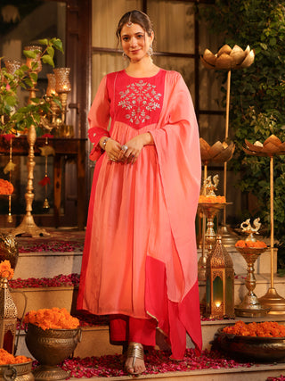 Pink Embroidered Yoke A-Line Kurta Set with Pocket