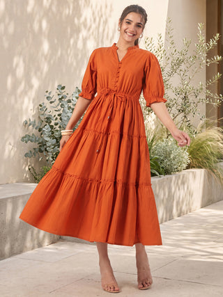 Rust Solid Flared Midi Dress with V-Neck Mandarin Collar