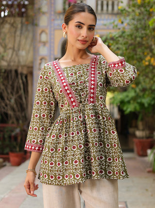 Green Ethnic Motif Print Peplum Top